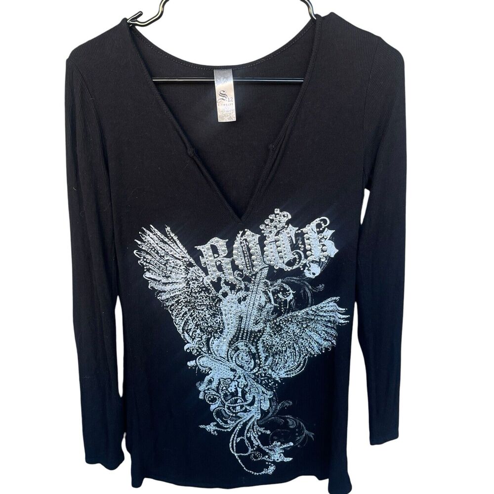 S-Twelve 12 Top Womens Large Black Rock Beaded‎ Embellished Edgy Guitar Angel